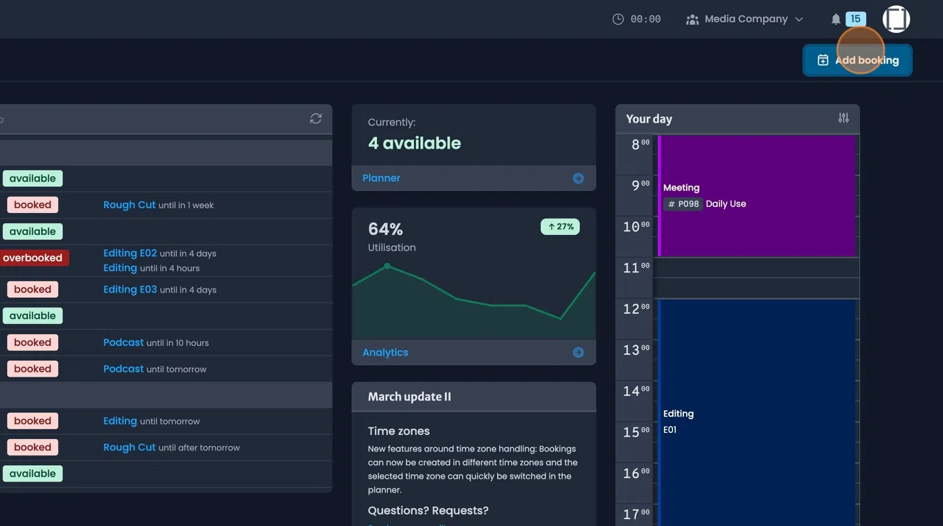 Add booking button located at top right for creating new resource bookings