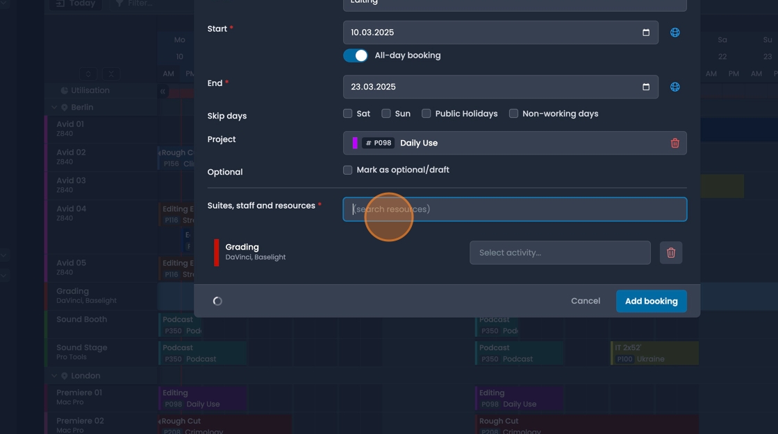 Resource assignment interface with filtering for names, roles, groups, and sites