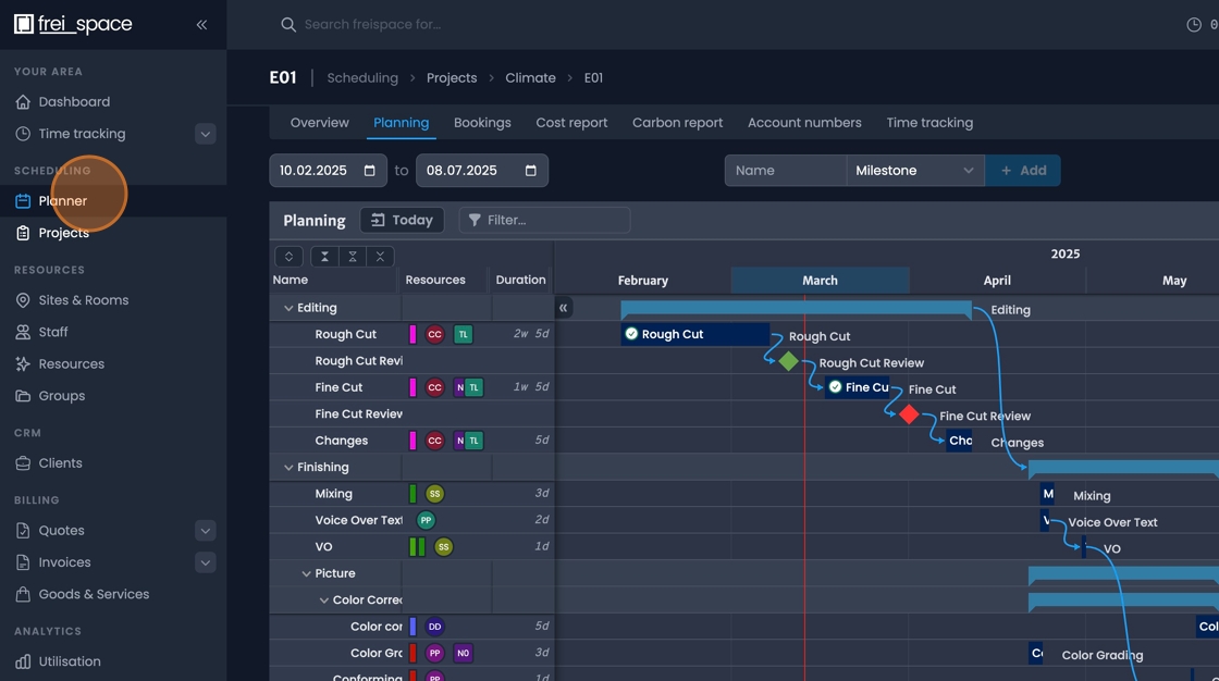Planner tab header navigation for accessing gantt planning features