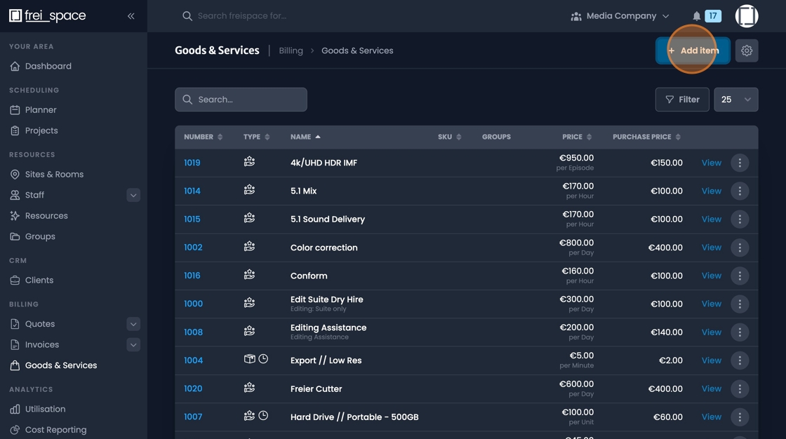 Add item button for creating new goods and services entries