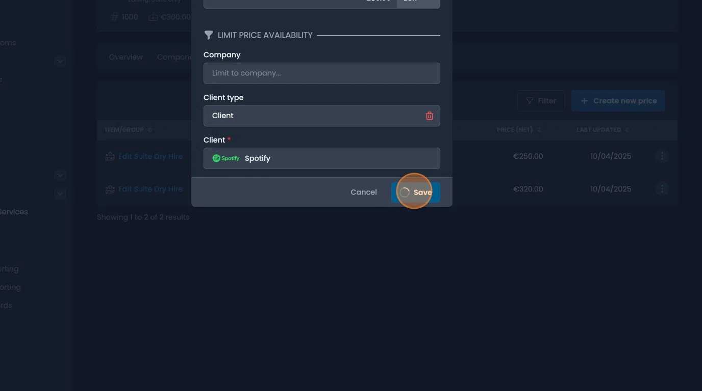 Client price setup interface with options for clients, groups, and companies