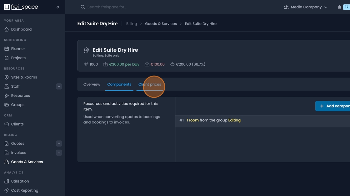 Client prices tab for managing customer-specific pricing schemes