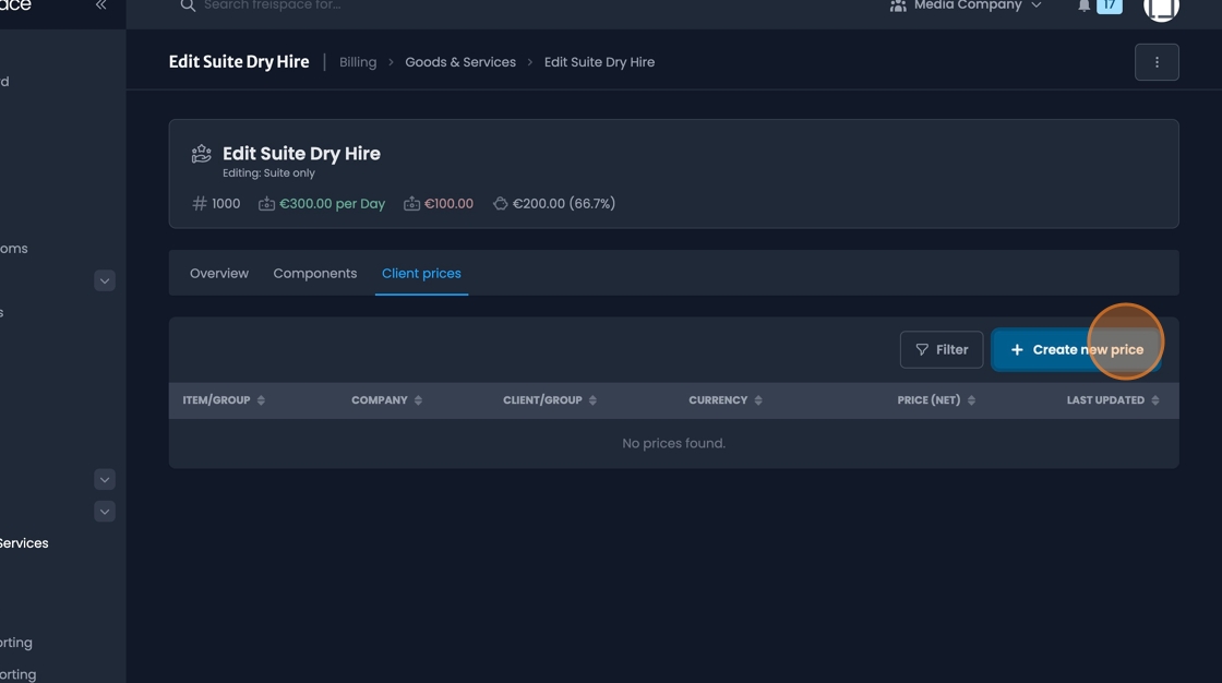 Create new price button for adding client-specific pricing rules