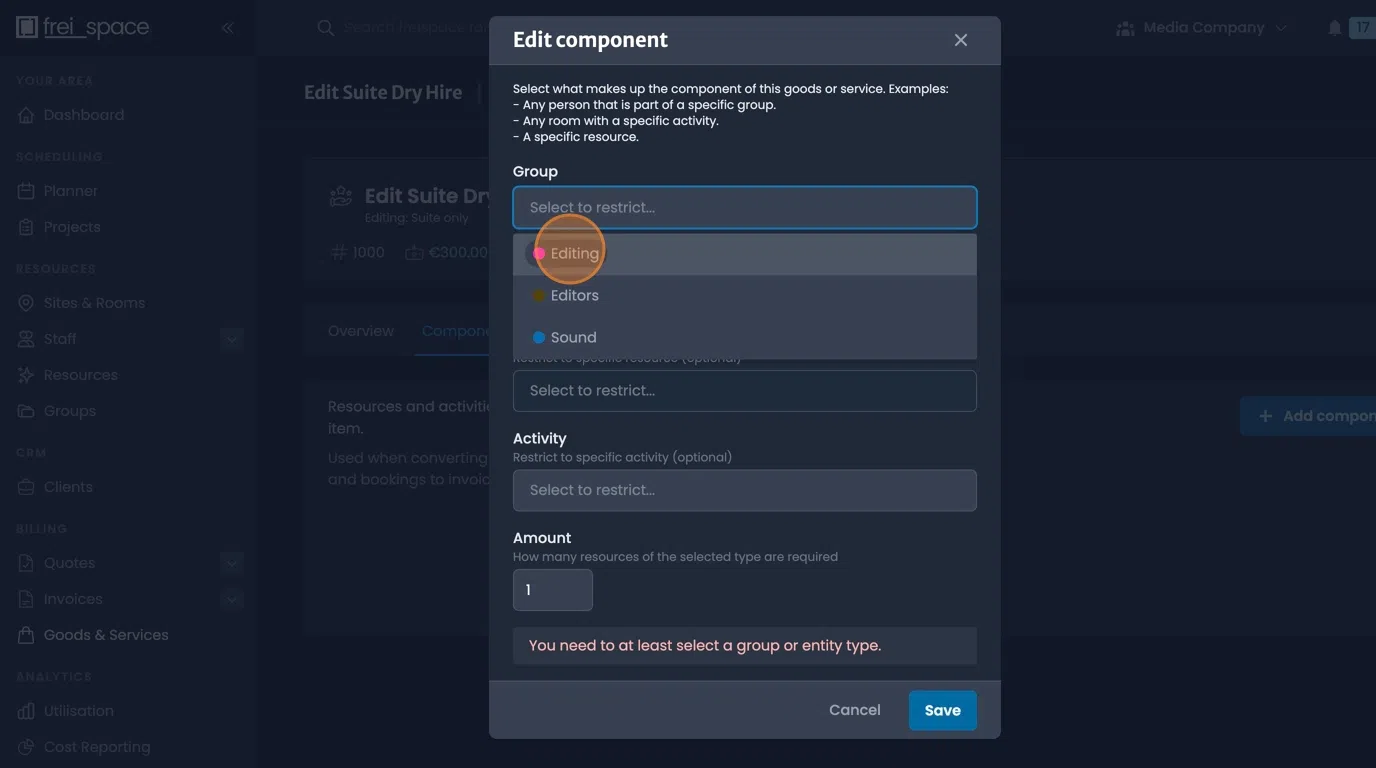 Component definition interface for configuring detailed item specifications