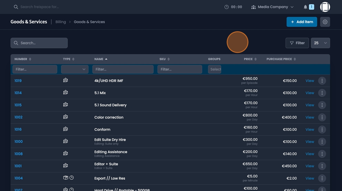 Goods and services filter options for number, type, name, or groups