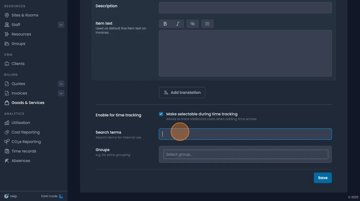 Metadata terms field for adding searchable keywords and tags