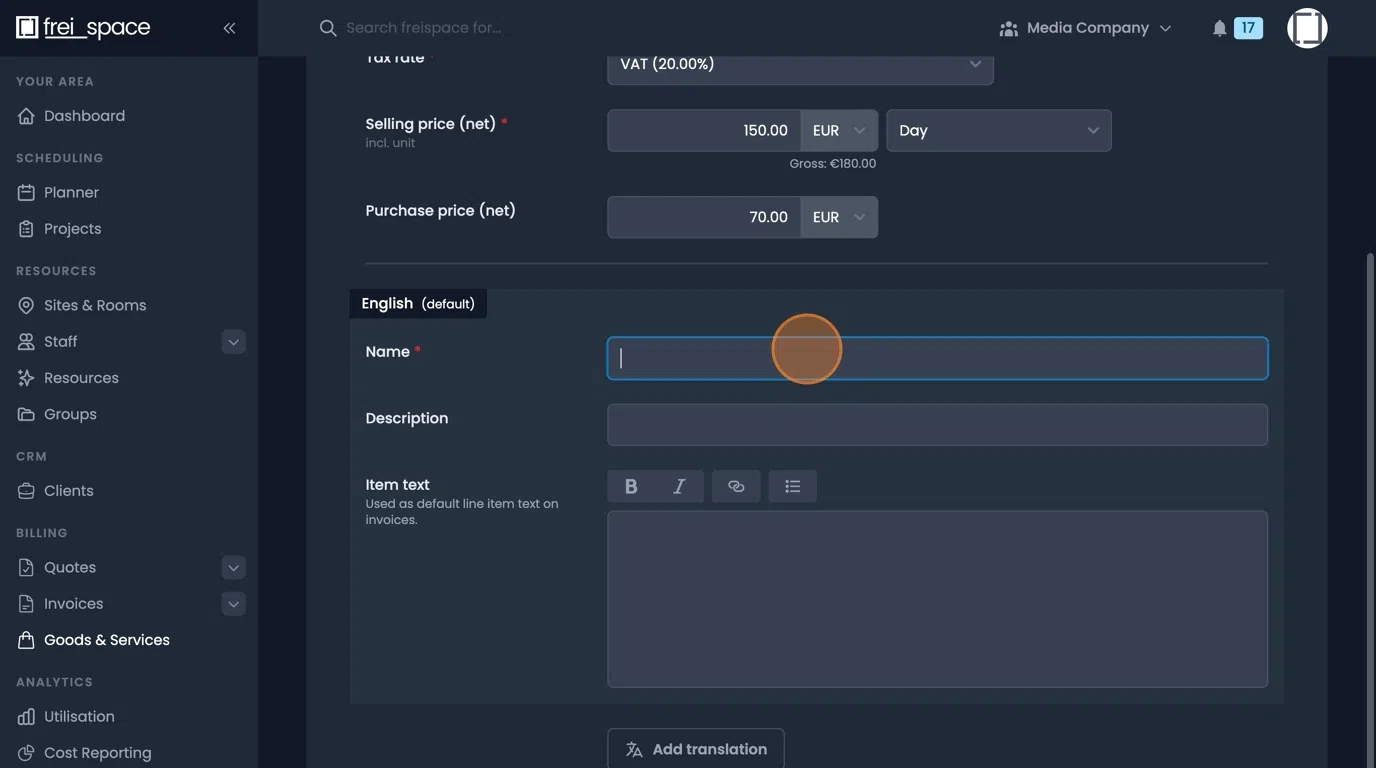 Name, description, and item text fields for detailed product information
