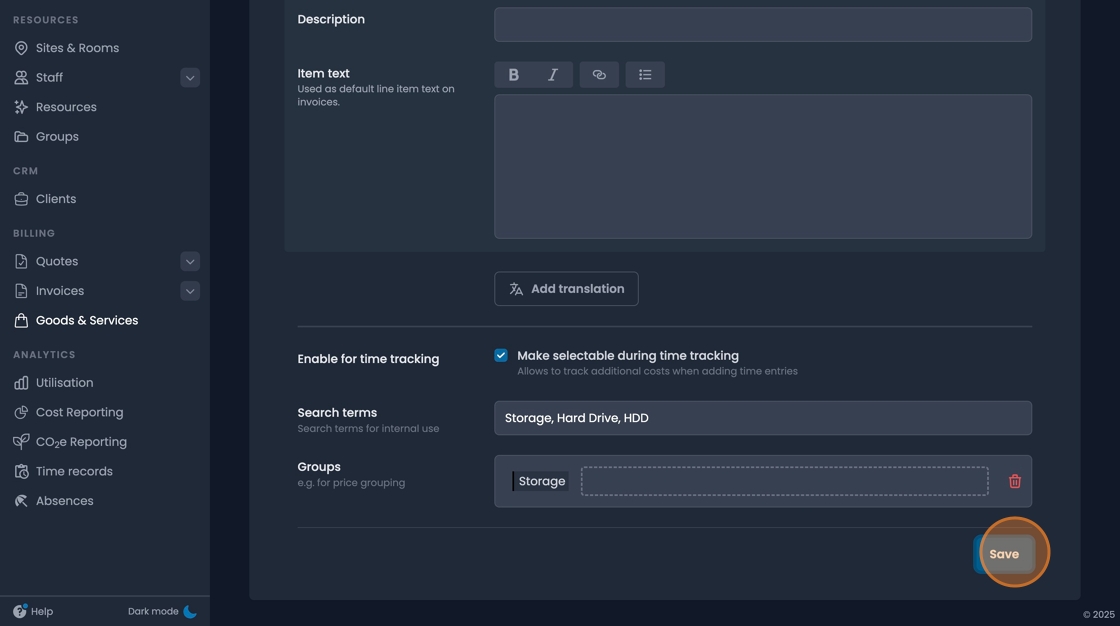 Save button to store goods and services configuration