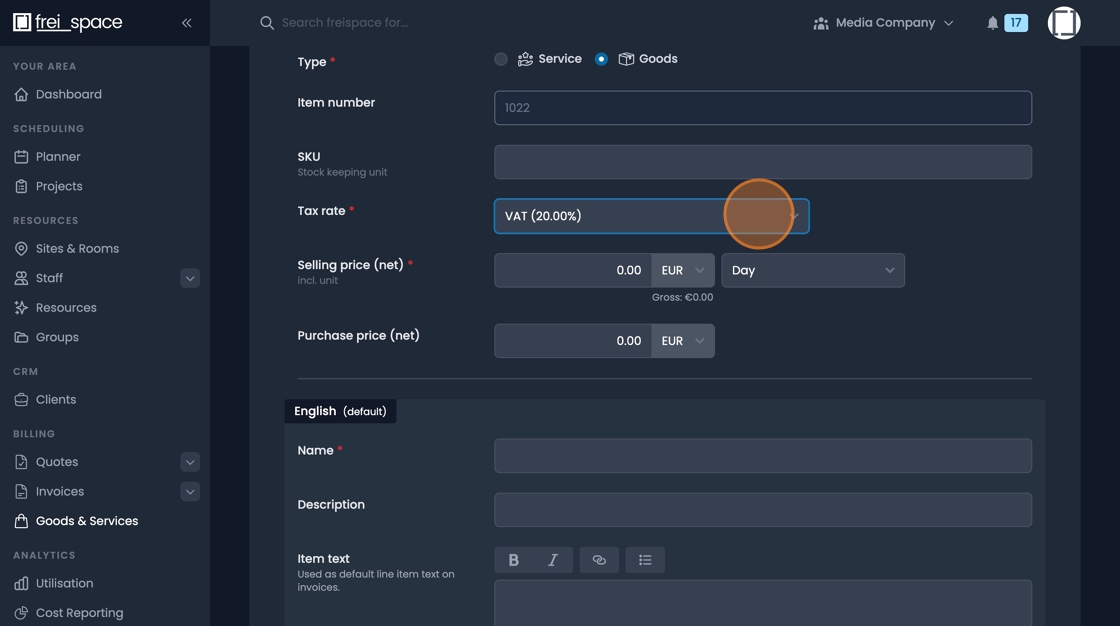 Tax rate field configuration for goods and services pricing