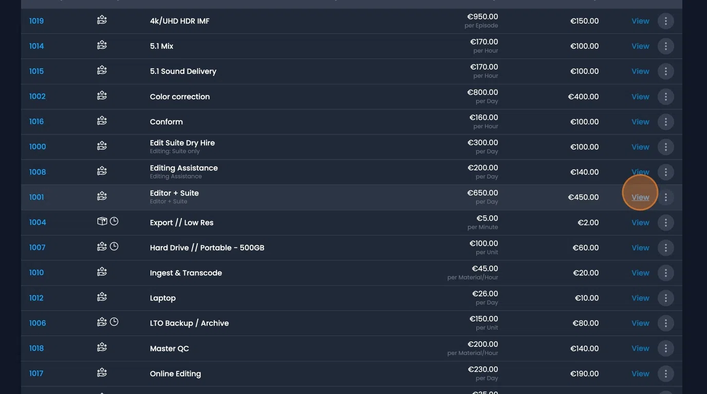 View details button for accessing components and client prices information