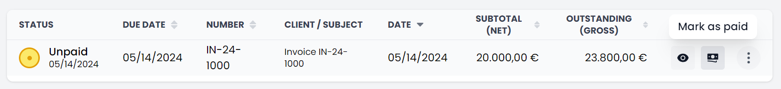 Unpaid invoice in list