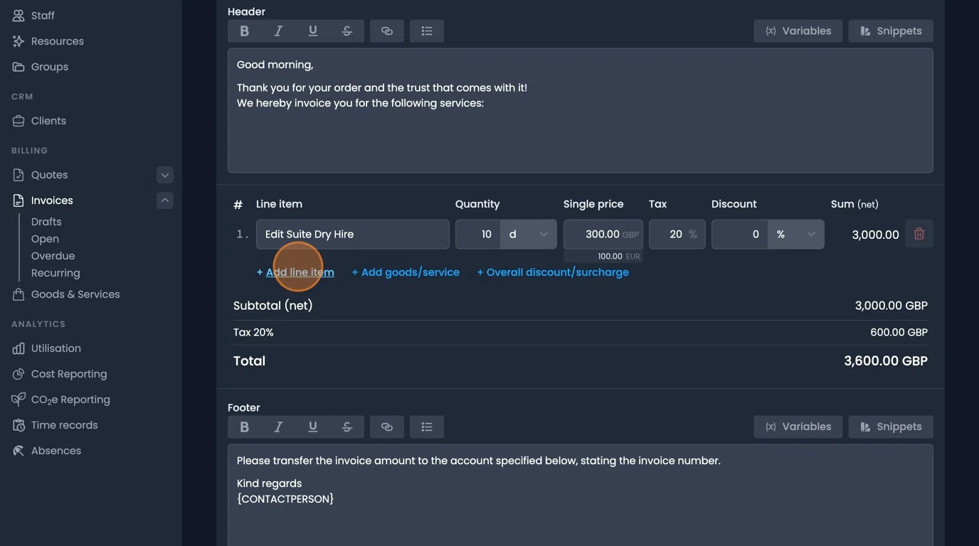 Add line item button for creating custom invoice entries and charges