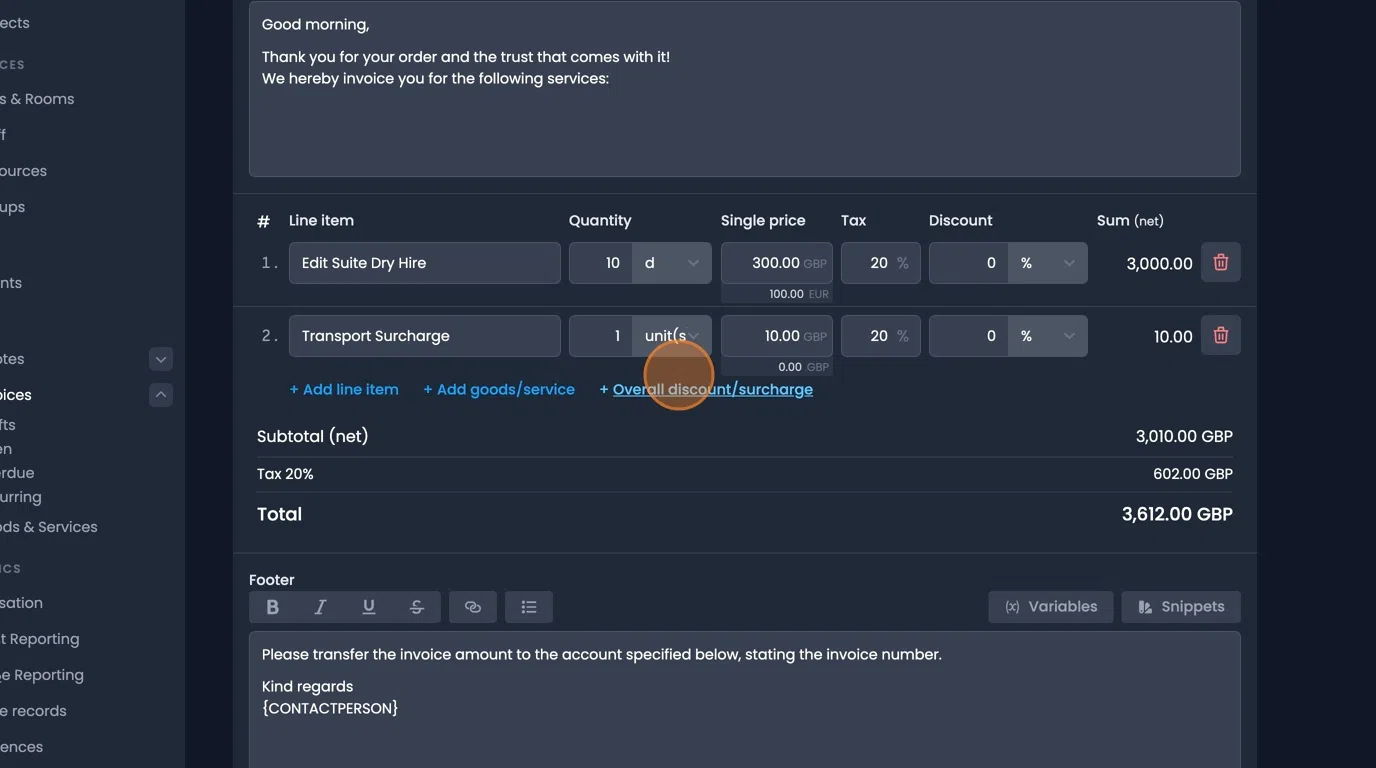 Discounts and surcharges options for applying overall invoice adjustments