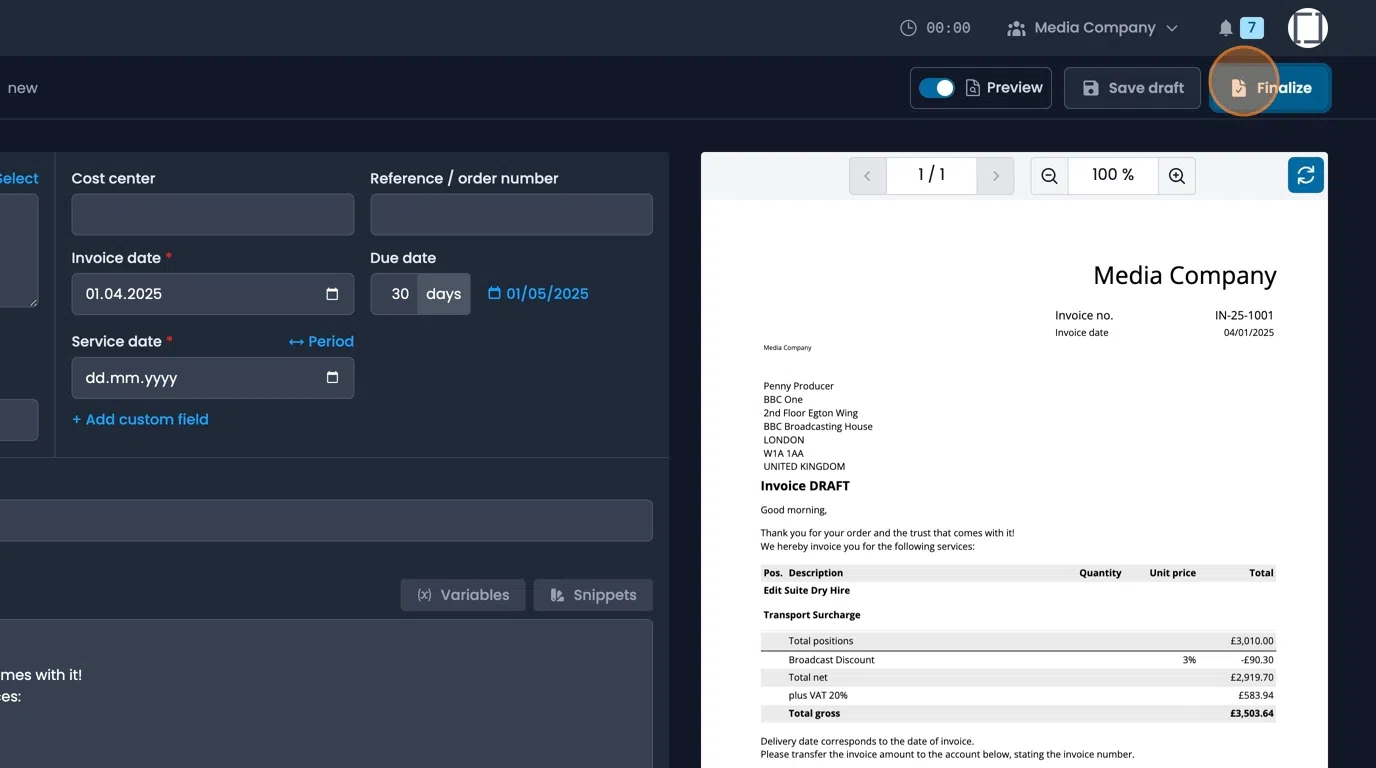 Finalize button with document options for completing invoice preparation
