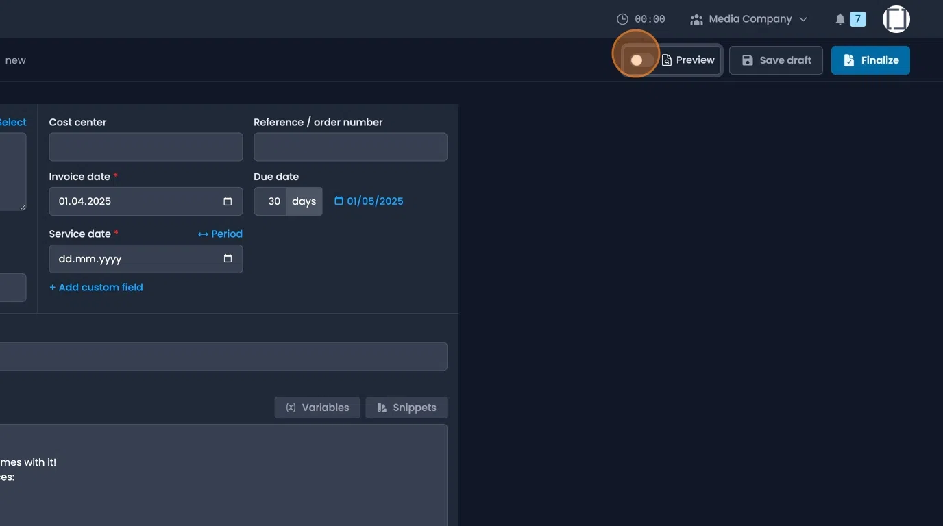 Preview mode interface for viewing invoice layout with navigation and zoom controls
