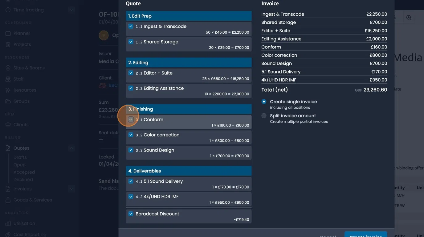 Quote elements transfer selection for choosing items to include in invoice