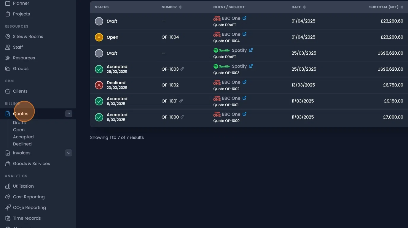 Quotes tab selection interface for choosing finalized quotes to convert