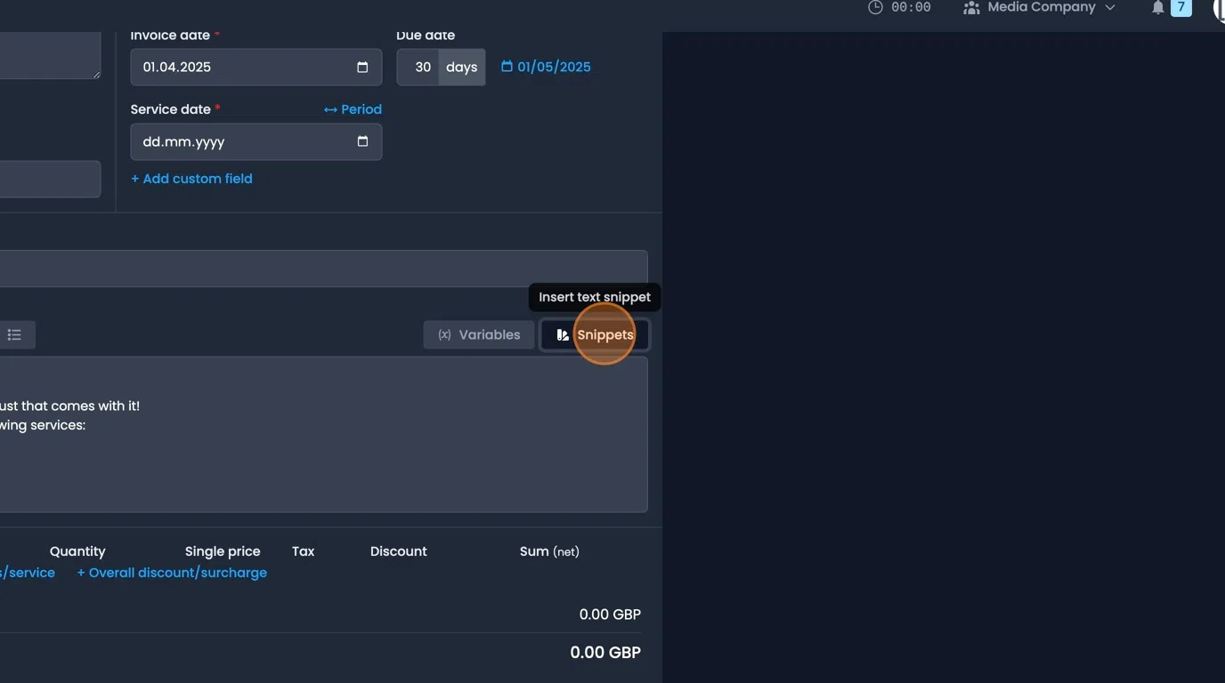 Snippets and variables interface for automating invoice text and information