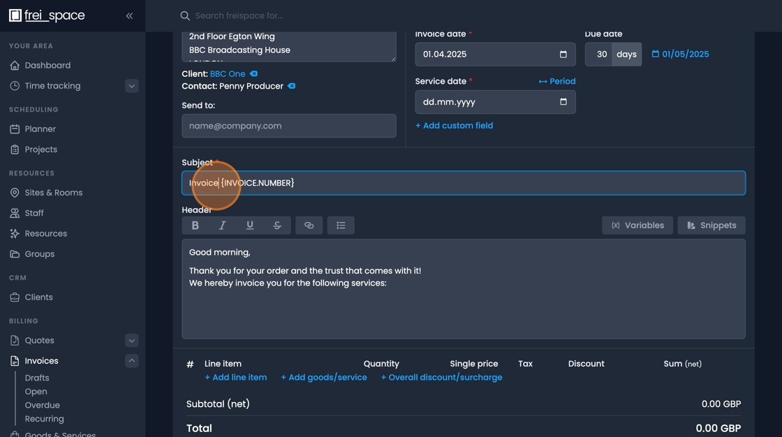 Subject field for customizing invoice title and reference information