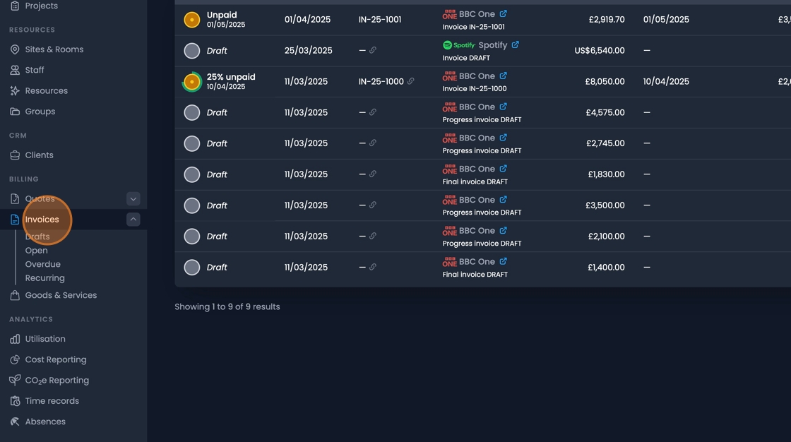 Invoices tab navigation for accessing invoice management interface