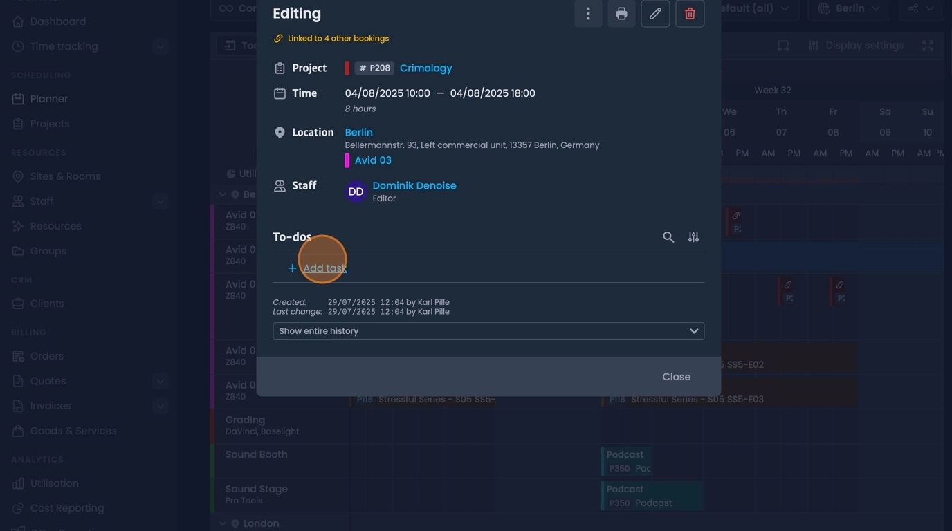 Chain task management showing tasks applied across linked bookings