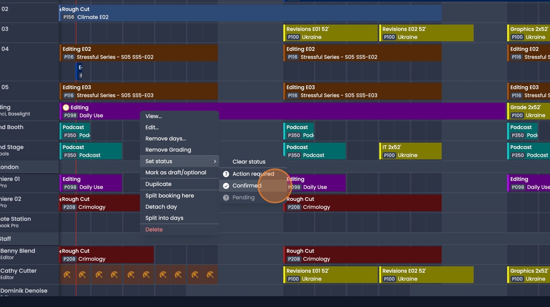 Booking status change options for updating project phase or completion