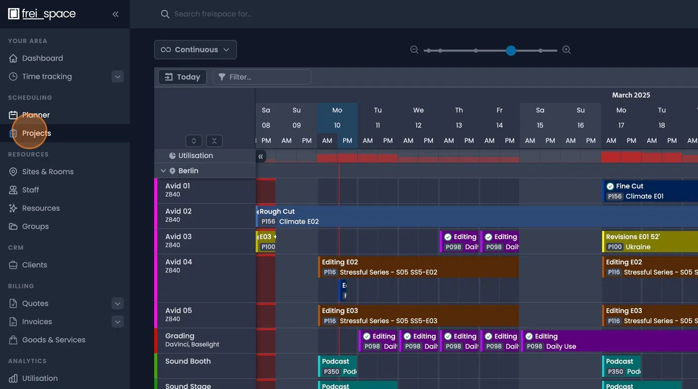 Project tab bookings view for managing and updating booking information