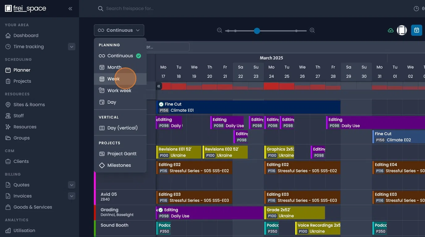 Time viewing modes button for switching planner display periods
