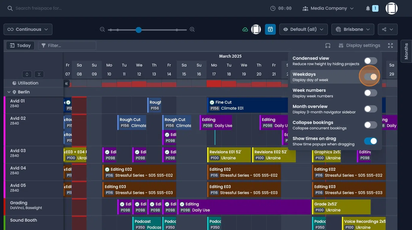 Weekdays and week numbers toggle controls for calendar display options
