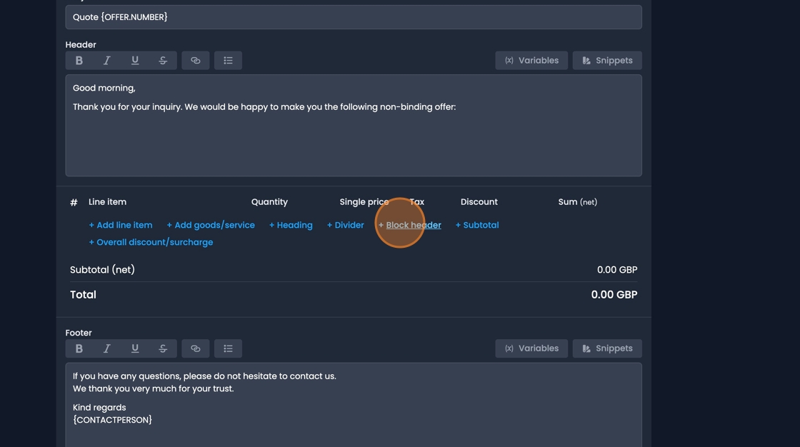 Block header button to create new section for organizing line items