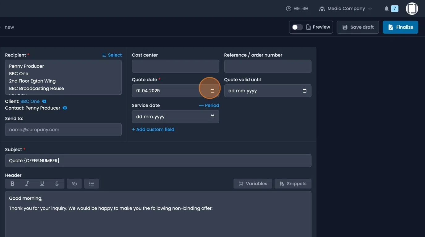 Quote details form with editable fields in the top right section