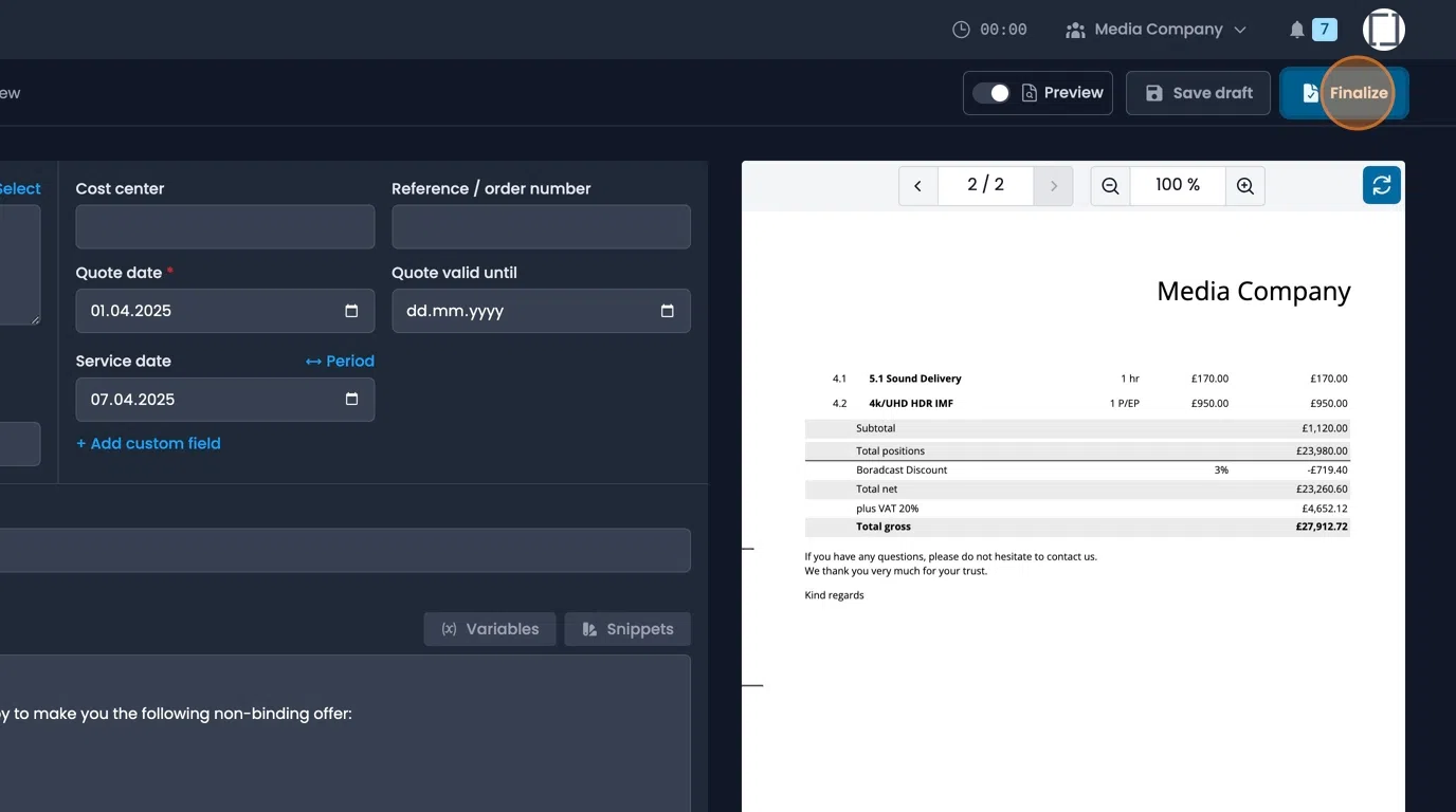 Finalize button with document options for completing the quote
