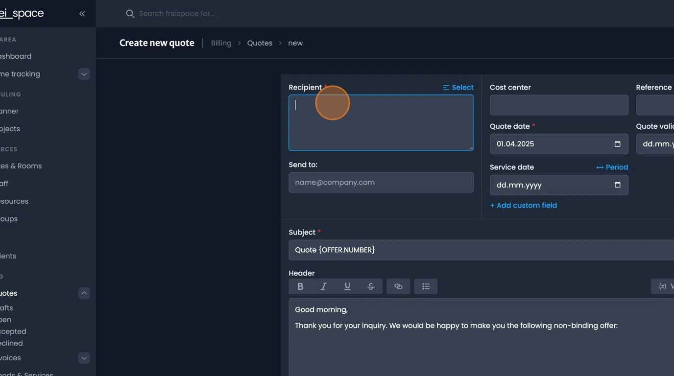 Recipient field with manual entry option and select button for client list
