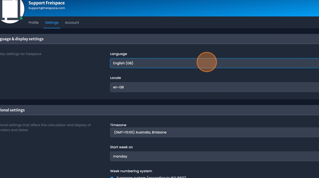 Settings tab with language and regional preferences