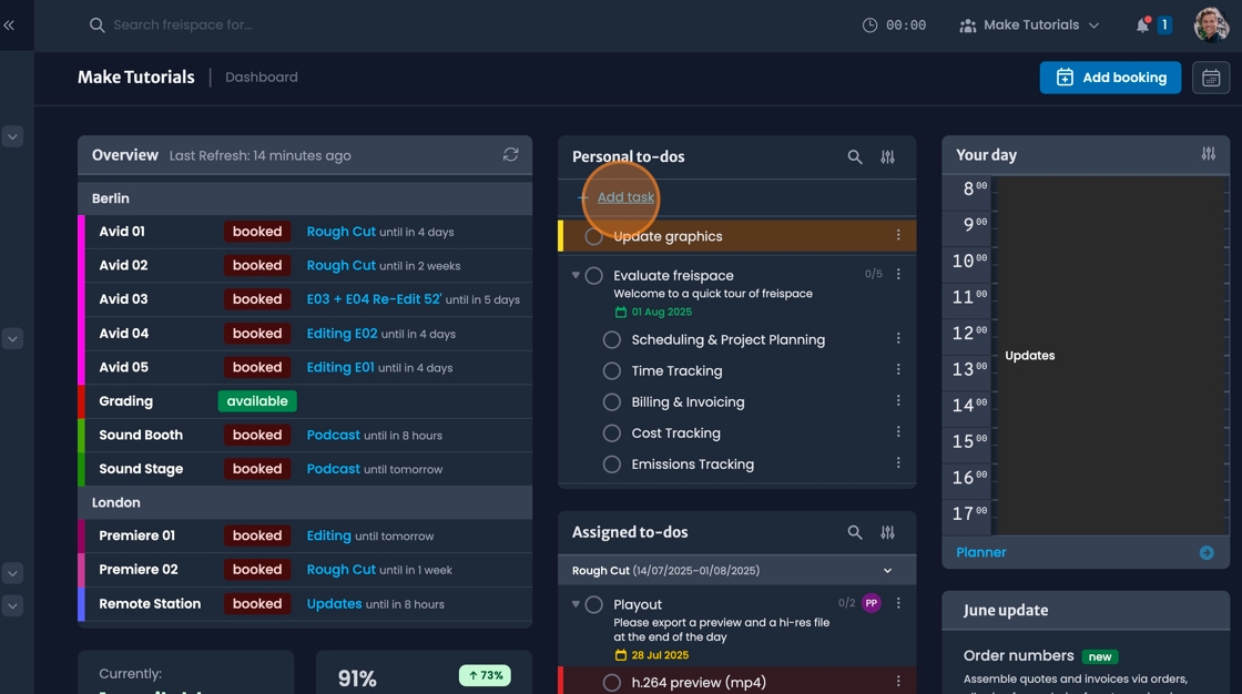 Dashboard overview showing personal tasks, project tasks, and booking tasks