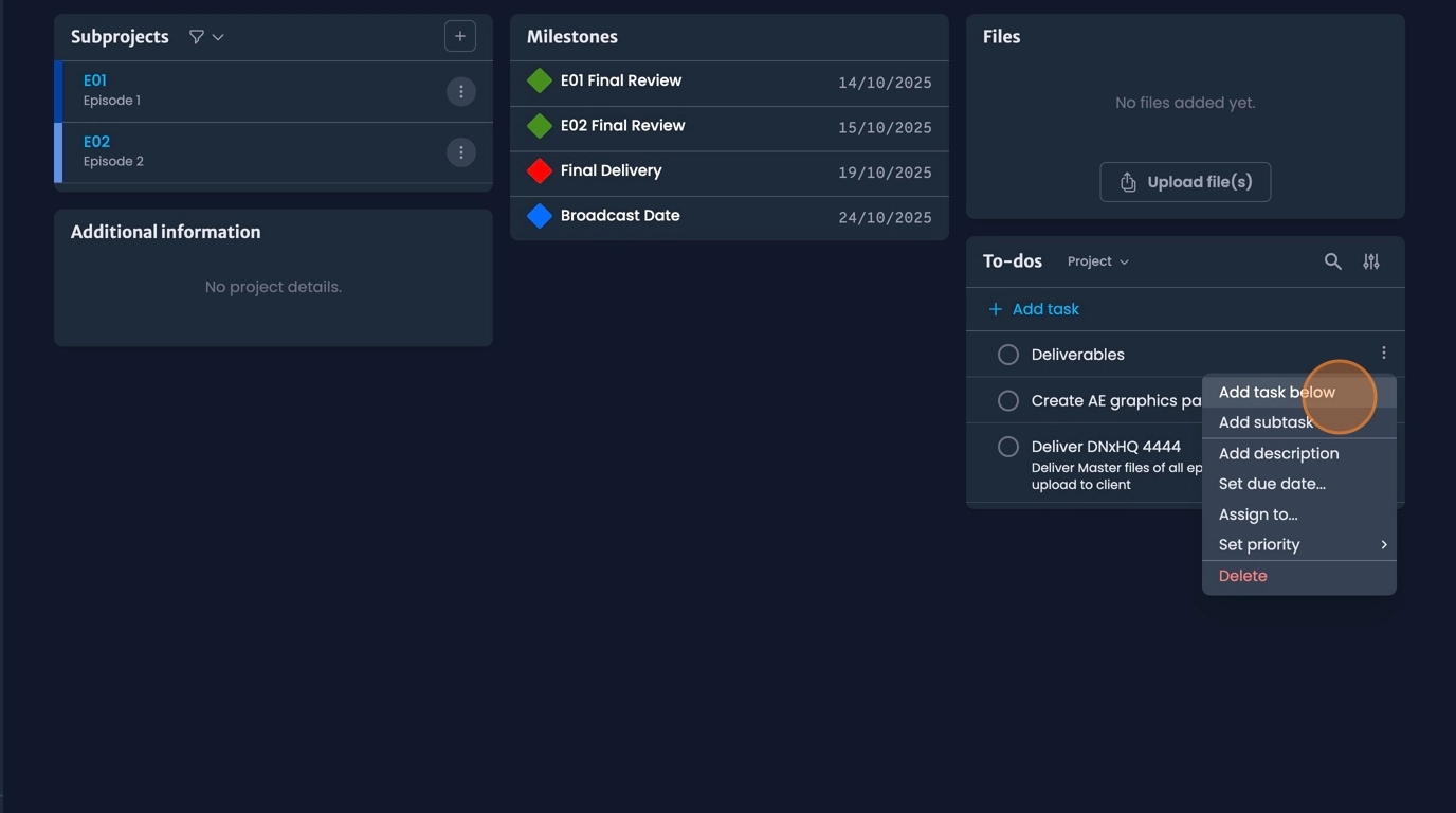 Project task menu options for subtasks, due dates, priorities, and assignments