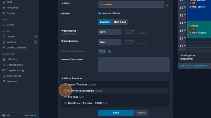 Additional billable services selection with unit value specifications