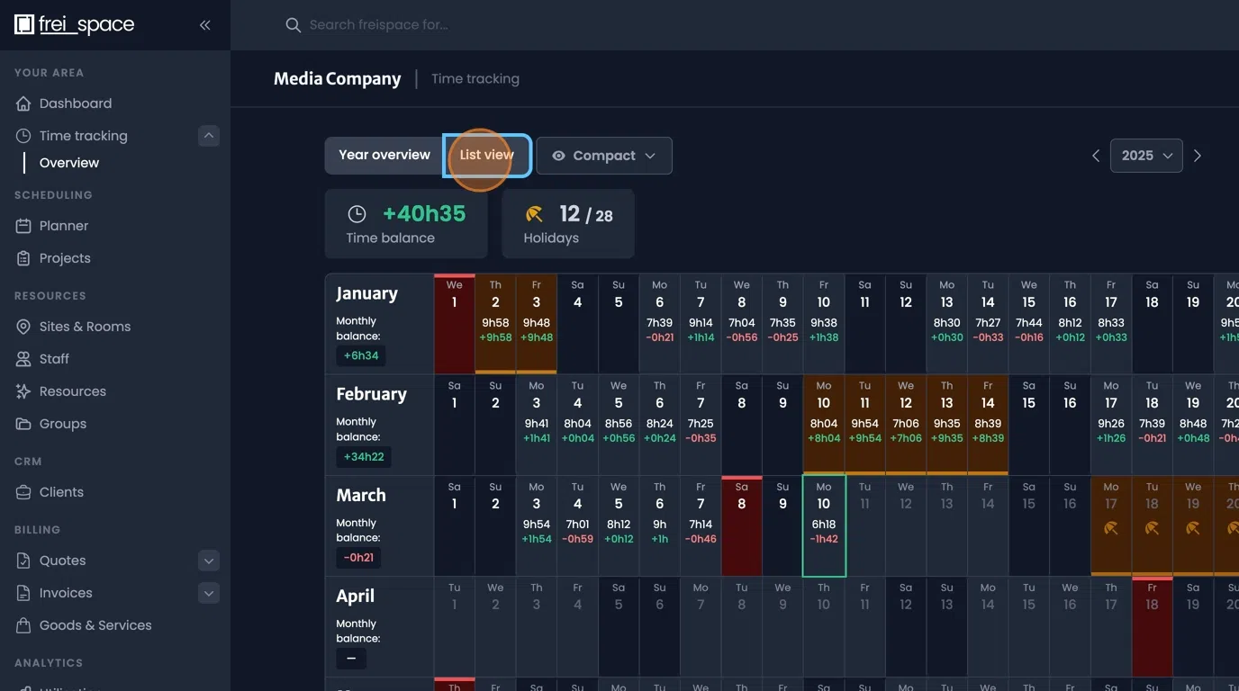 List view interface with filtering options for project, activity, and date
