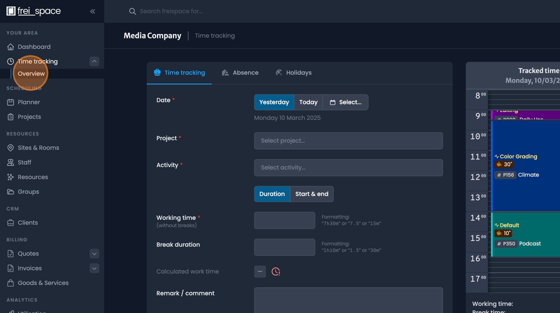 Overview button to access comprehensive time tracking details