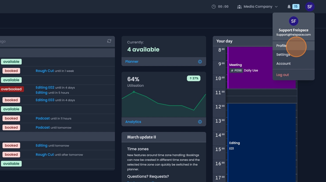 User icon in the top right corner for accessing settings